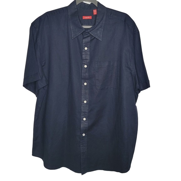 IZOD Mens XL Linen Blend Short Sleeve Button Up Shirt Casual Black Classic - Picture 1 of 12